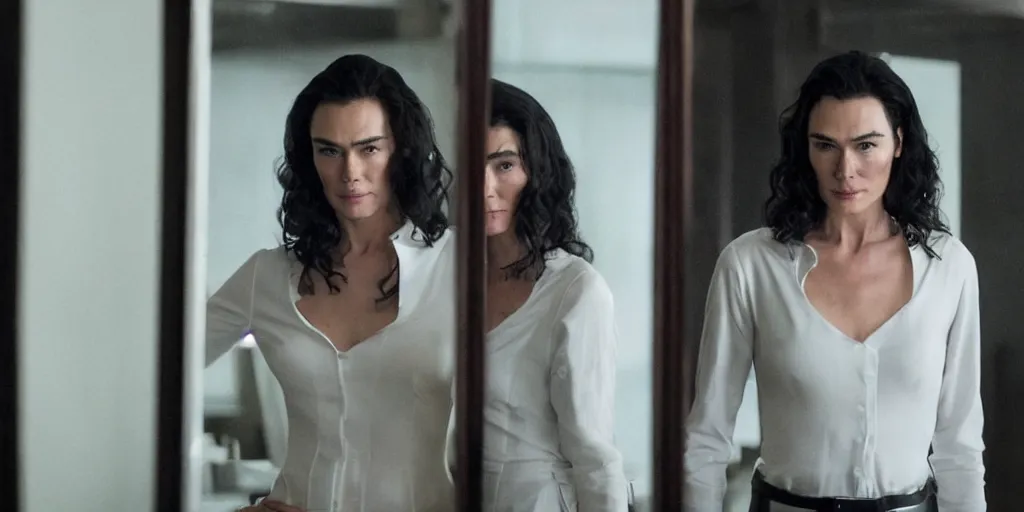 Image similar to ultra wide angle photo of lena headey dressed in a white blouse and black dress pants as diana prince looking at herself in a bathroom mirror and seeing her reflection as wonder woman