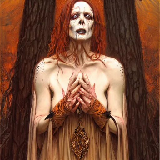 Prompt: portrait of an undead priestess, by gerald brom, donato giancola, and berthold woltze.