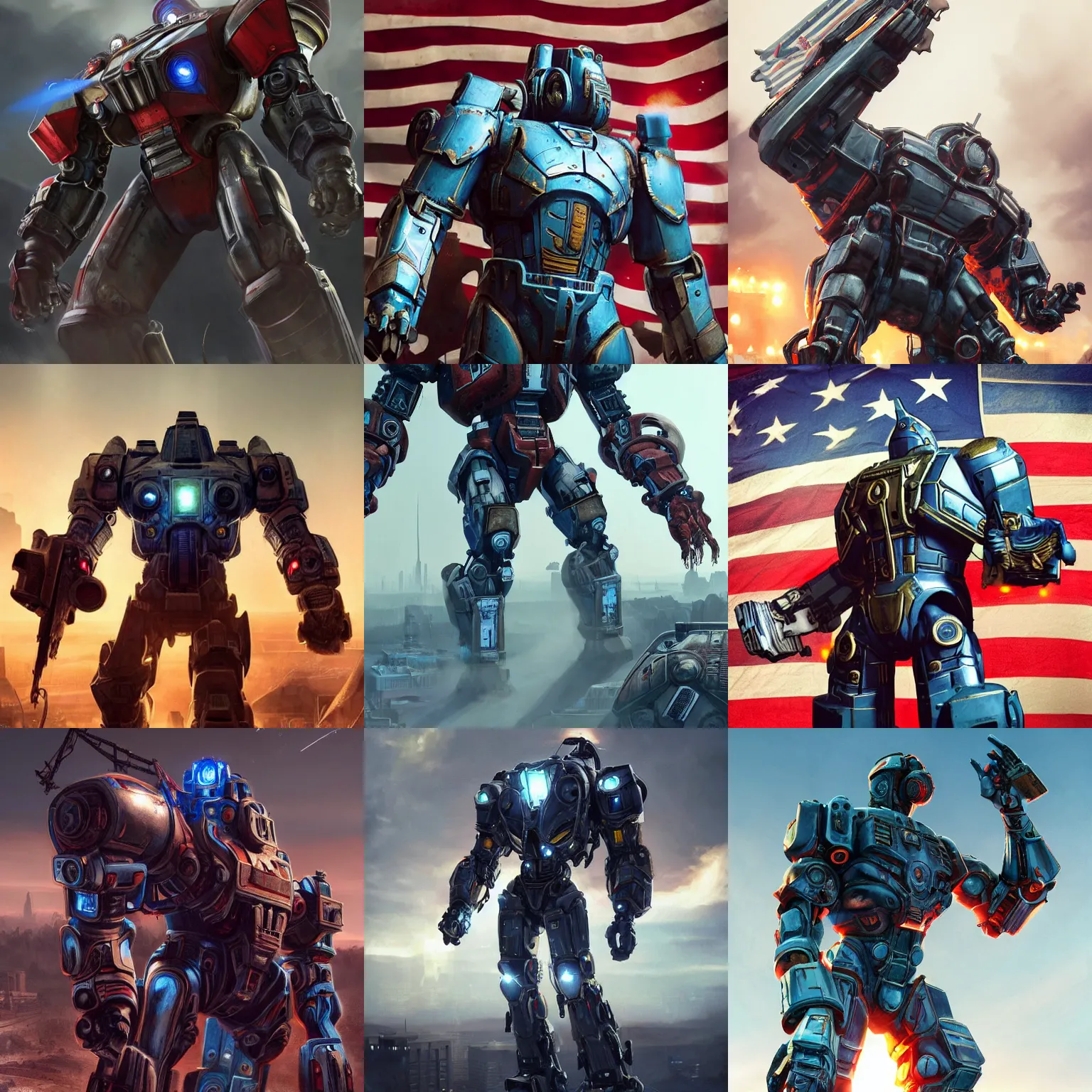 Prompt: The Boys Homelander fallout liberty prime, collosal mech, patriotic, full view, artstation, cinematic, concept art, 8k, Pinterest, cgsociety, hyper detailed, ultra realistic, illustration, epic, high resolution, post processing, high quality, unreal engine,cinematic lighting, octane render, ultra wide angle, 8k, hyperrealistic, artstation