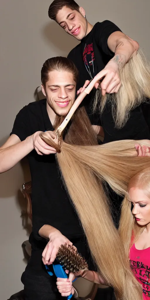 Image similar to pete davidson brushing jessica's long blond hair with a huge hairbrush, comically large hairbrush, ultra - realistic photograph