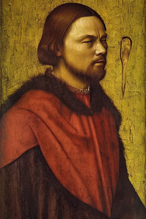 Image similar to 1 4 0 0 s renaissance portrait of leonardo dicaprio oil painting by jan van eyck, northern renaissance art, oil on canvas, wet - on - wet technique, realistic, expressive emotions, intricate textures, illusionistic detail