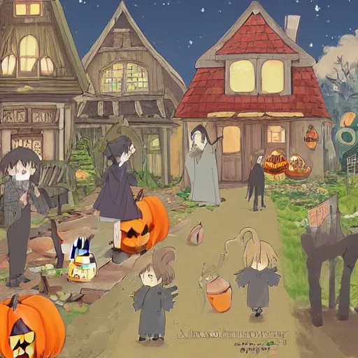 Image similar to a whimsical halloween night in a village in the style of studio ghibli by miyazaki
