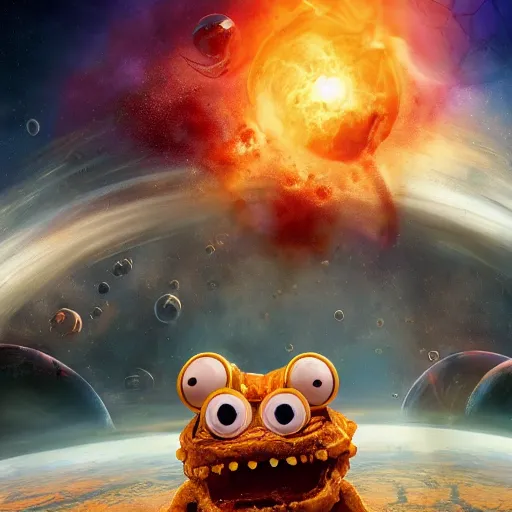 Prompt: one eldritch horror bloody garfield in space, galaxy, hd, 8 k, explosions, gunfire, lasers, giant, epic, realistic photo, unreal engine, stars, prophecy, powerful, cinematic lighting, destroyed planet, debris, movie poster, violent, sinister, ray tracing, dynamic, print, epic composition, dark, horrific, tentacles, teeth