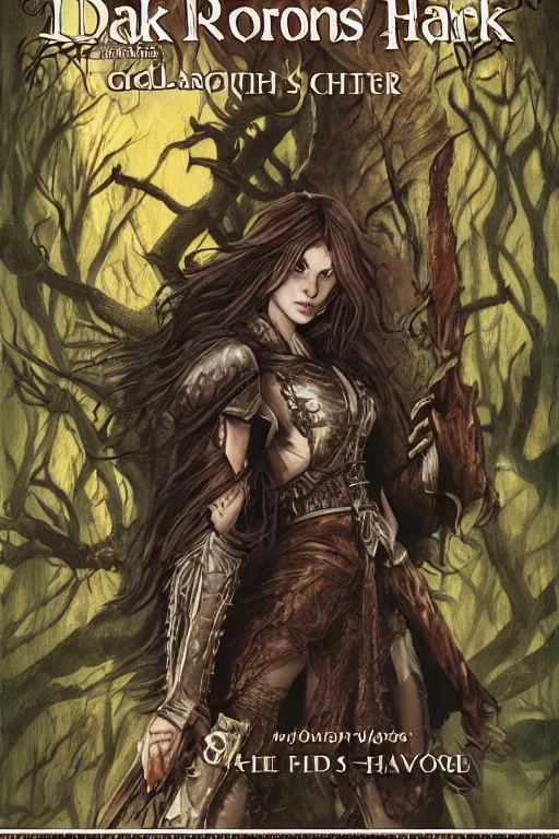 Prompt: dramatic dark forest scenery, girl with fangs in hide leather armor, D&D book-cover