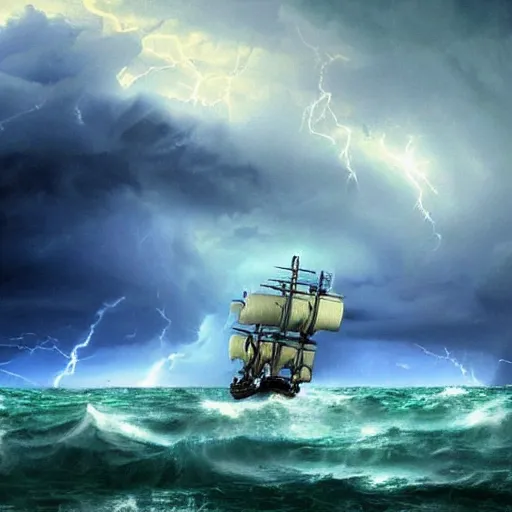 Prompt: a real life occurrence of two pirate ships in the midst of a thunderstorm typhoon fighting a battle for all their treasure, the sea is vast and is a deep greenish blue, there is a thunderstorm forming above with ominous looking clouds, the fight is happening in the midst of the storm