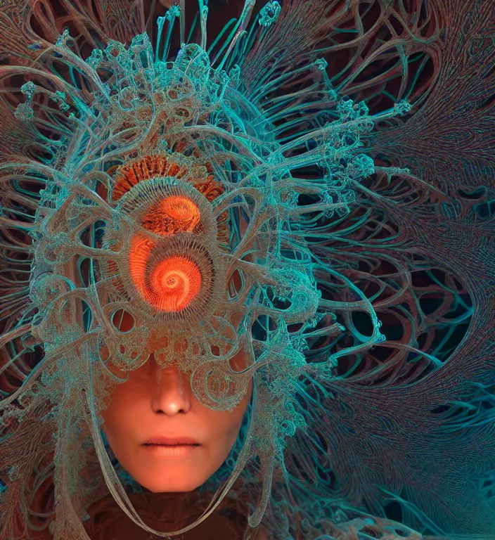 Image similar to portrait intricate mask, eagle coral, jelly fish, mandelbulb 3 d, fractal flame, octane render, cyborg, biomechanical, futuristic, by ernst haeckel