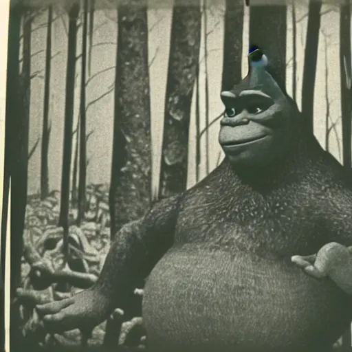 Image similar to 1 9 6 0's old polaroid of shrek staring from the depths of the dark gloomy forest, photorealistic, grainy, found footage, old film, low quality, horror, creepy, unsettling, liminal, strangely terrifying