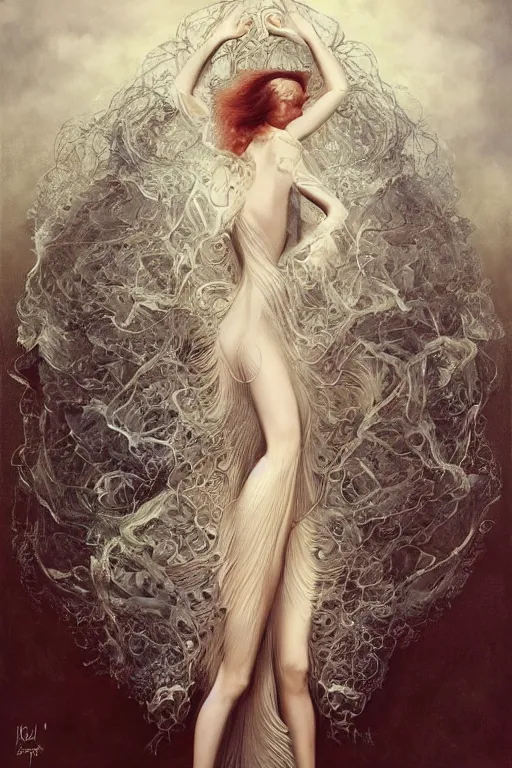 Prompt: an intricate realistic oil painting of a fashion model resembling lily cole, wearing avant garde fashion, shoes, clothing by alexander mcqueen, clothing by iris van herpen, full body, headspace, runway, by tom bagshaw, by karol bak, emil melmoth