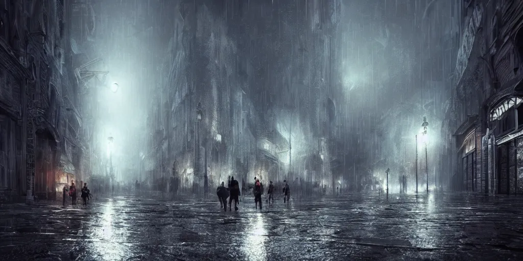 Image similar to a cold and melancholic city in a dark cavern, rainy and gloomy atmosphere, fantasy digital art, octane render, beautiful composition, trending on artstation, award - winning photograph, masterpiece