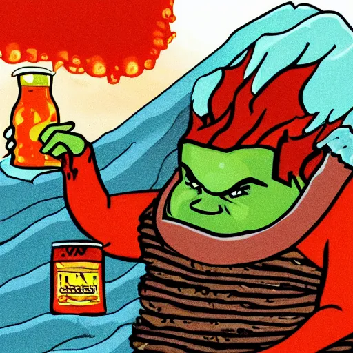 Prompt: ogre drinking a sea made of hot sauce