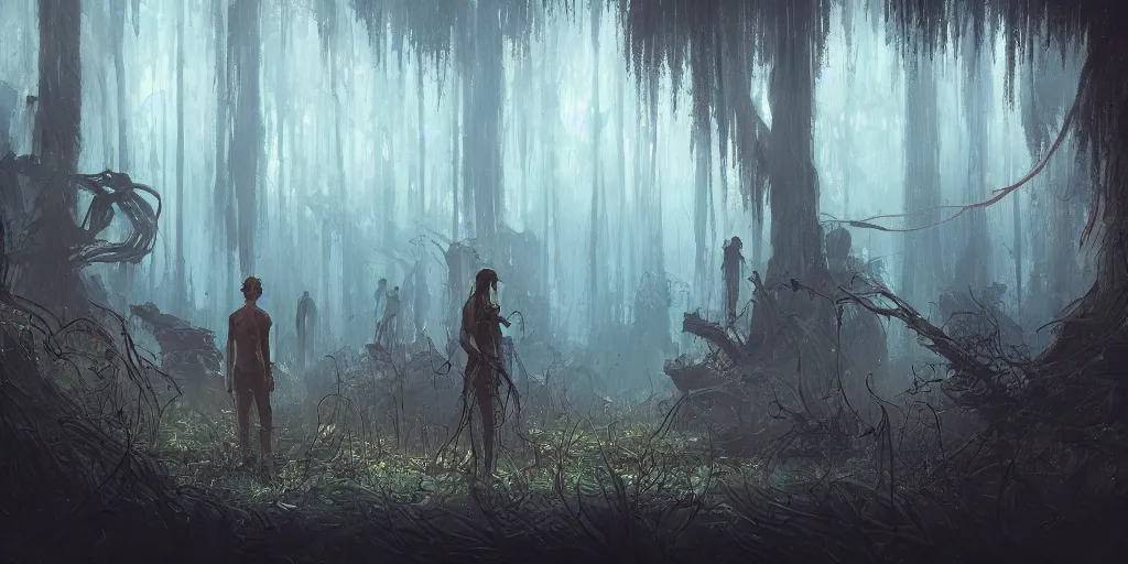 Image similar to reed - people in futuristic spiritual mystical post apocalyptic swampy forest in kazahstan drawn by ron gilbert, dim painterly volumetric aquatic lighting, scenic, beautiful, crisp, artstation, highly detailed