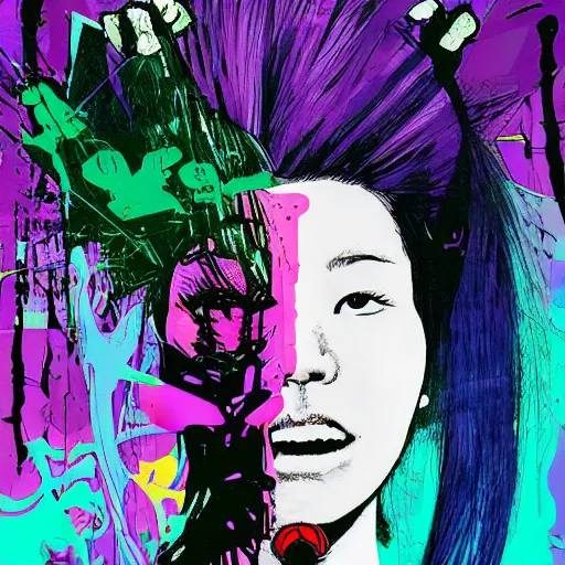 Image similar to Graphic Illustration, Creative Design, Glitch Art, Young Asian Woman with Purple Hair, by Ashley Wood and Jamie Hewlett