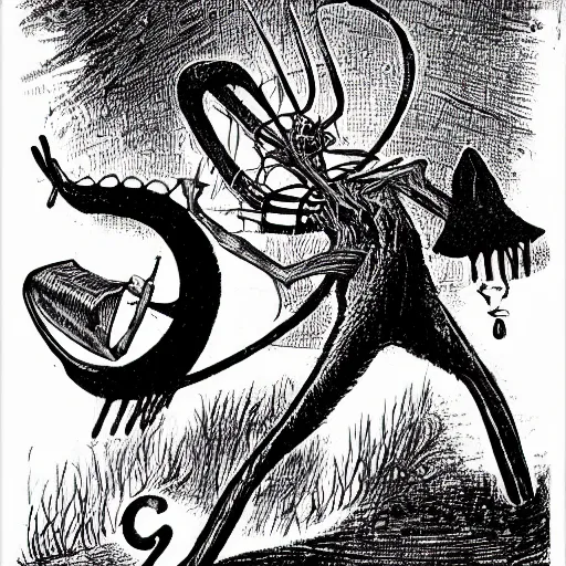 Prompt: one, two! one, two! and through and through the vorpal blade went snicker - snack! he left it dead, and with its head he went galumphing back | by lewis carroll and hp lovecraft with doctor seuss and hr giger