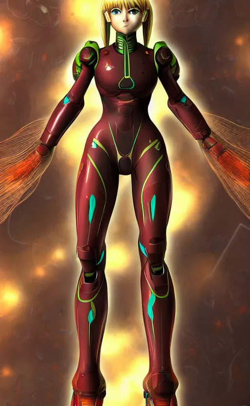 Image similar to samus aran bioorganic varia suit, energetic varia suit, full body portrait, highly detailed, intricate, concept art, vertical portrait