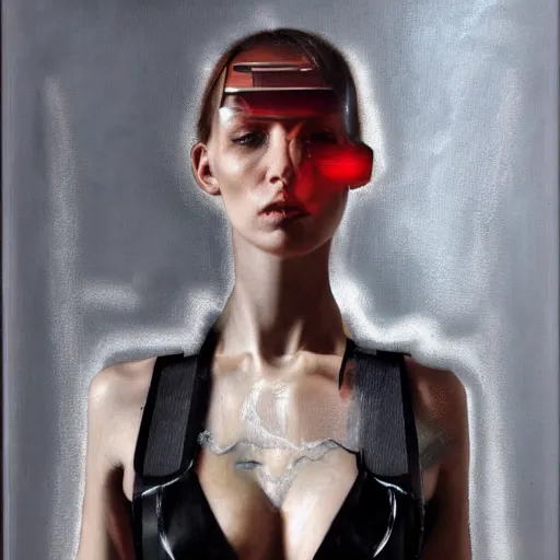 Image similar to cyborg fashion model, hyperrealism oil painting, matte