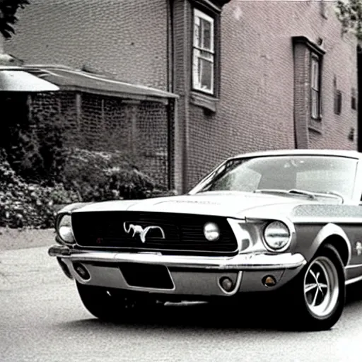 Prompt: a mustang parked by the street, 1970s