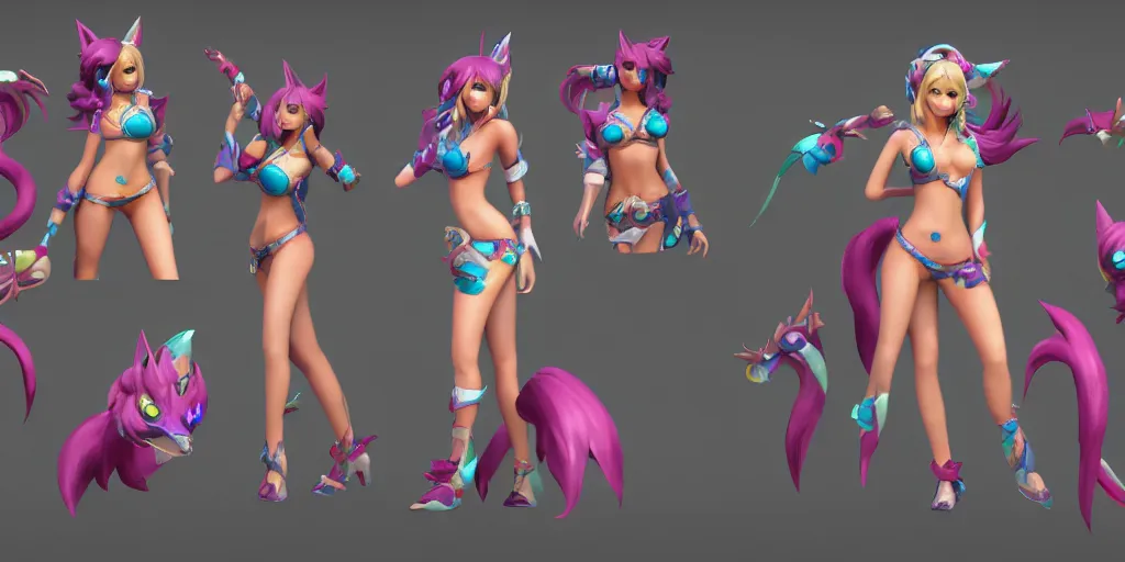 Image similar to character sheet of pool party Ahri (wild rift), multiple angles, symmetric face, 3d render, octane render, 4K, highly detailed