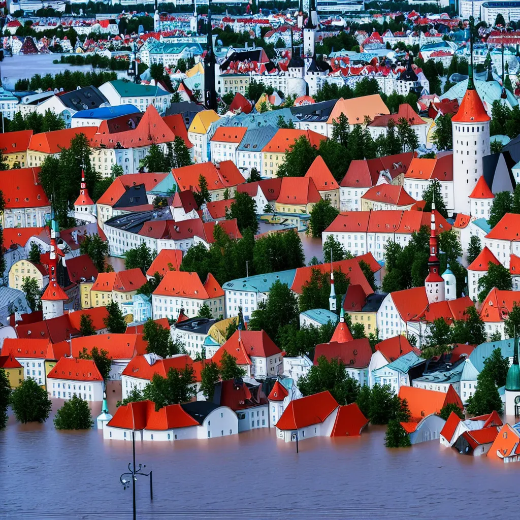 Image similar to Tallinn, capital of estonia, suffering from floods from the sea due to climate change in the year 2100, the citizens of Tallinn are shocked, street photography, ultra detailed, 40mm focal lense, flash at noon, 8k,