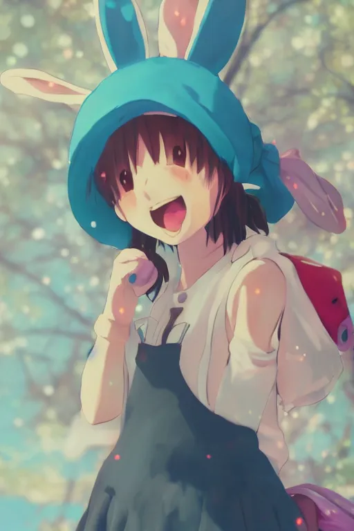 Image similar to Poster of tonemapped Smiling anime girl with bunny hat in the style of Makoto Shinkai, Yun Koga and Artstation