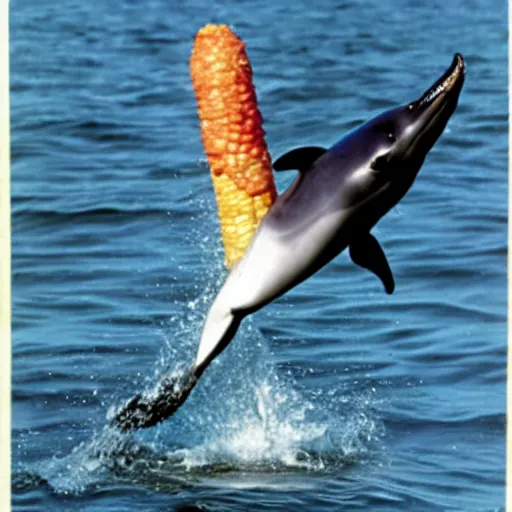 Image similar to donald trump riding a dolphin holding a corn dog, 1 9 9 0 s