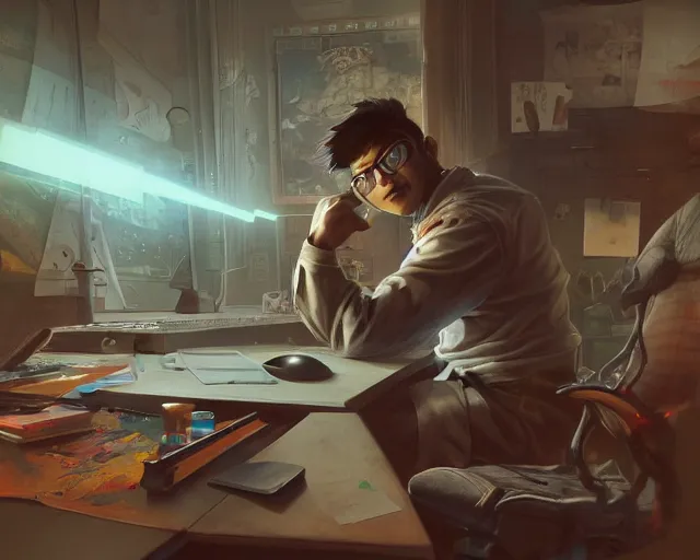 Image similar to an insanely detailed painting of a nerdy asian man wearing a superhero costume, sitting at a desk, staring at the nervously at the computer and typing, in the style of peter mohrbacher, dramatic lighting and composition, octane render, pixar, trending on artstation, concept art, comic book, view from behind