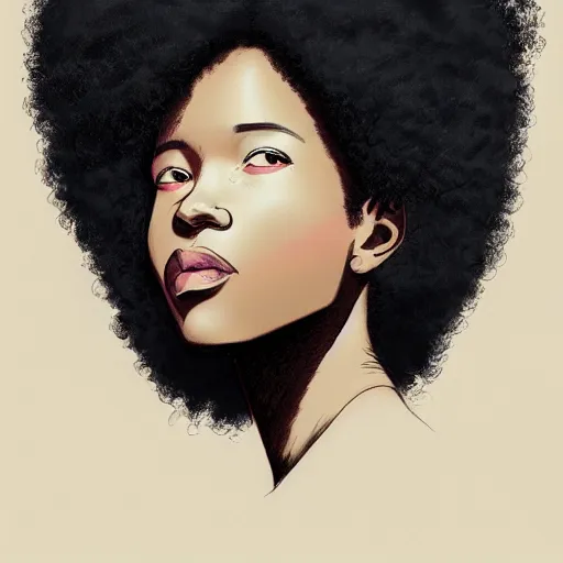 Image similar to A black woman with big Afro cute brown eyes, fine-face, realistic shaded perfect face, fine details. realistic shaded lighting poster by Ilya Kuvshinov katsuhiro otomo ghost-in-the-shell, magali villeneuve, artgerm, Jeremy Lipkin and Michael Garmash, Rob Rey and Kentarõ Miura style, trending on art station