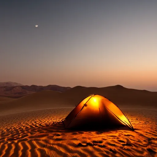 Prompt: realistic photo of omani man camping in desert, detailed, canon, bokeh