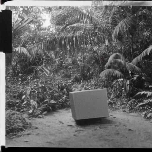 Image similar to a rizom lost film footage of a ( ( ( ( ( ( ( ( cube ) ) ) ) ) ) ) ) in the middle of the tropical jungle / tropicalism / tropicalism / tropicalism / film still / cinematic / enhanced / 1 9 2 0 s / black and white / grain