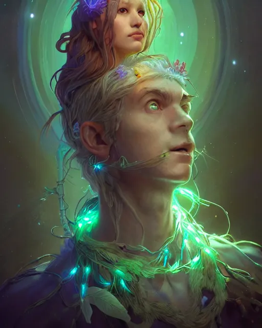 Image similar to portrait of a cute druid, male, bioluminescent, wires, horror, happy, highly detailed, digital painting, cinematic, hyperrealism, dark retrowave, art by pixar and stanley lau and artgerm and magali villeneuve and alphonse mucha, artstation, octane render, cgsociety