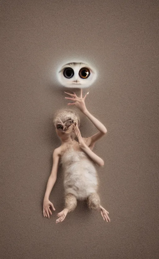 Prompt: a living ball of dust with cute big eyes, small legs and arms against a background of muted colors, realistic, 8k, photo