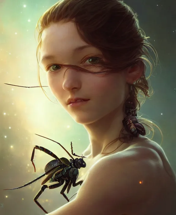 Image similar to simplicity, portrait of a adorable alien insect, childlike, milky way environment, ultra realistic, concept art, intricate details, cheerful, highly detailed, photorealistic, octane render, 8 k, unreal engine. art by artgerm and greg rutkowski and alphonse mucha