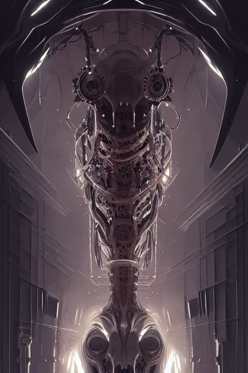 Image similar to professional concept art symmetrical portrait of a horror mechanical nightmare species in a dark room by artgerm and greg rutkowski. an intricate, elegant, highly detailed digital painting, abstraction, concept art, smooth, sharp focus, illustration, in the style of cam sykes.