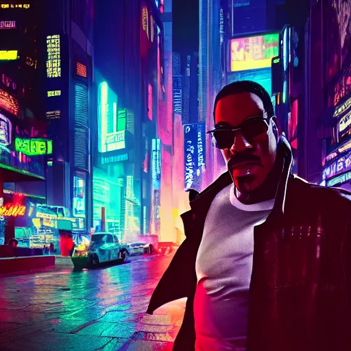 Prompt: cyberpunk eddie murphy, standing on a cyberpunk street at night, streets are lit with neon lights, portrait, cinematic