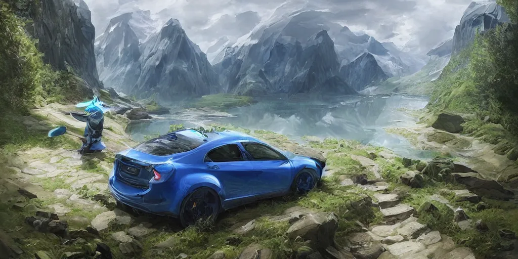 Image similar to wide angle, blue knight, green hatchback car, glacier landscape, norway, D&D, fantasy, intricate, elegant, highly detailed, digital painting, artstation, octane render, concept art, matte, sharp focus, illustration, hearthstone, art by Artgerm and Greg Rutkowski and Alphonse Mucha