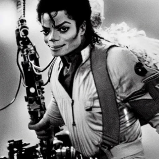 Image similar to stunning awe inspiring michael jackson with a highly detailed face as a ghostbuster in the movie ghostbusters, movie still 8 k hdr atmospheric lighting