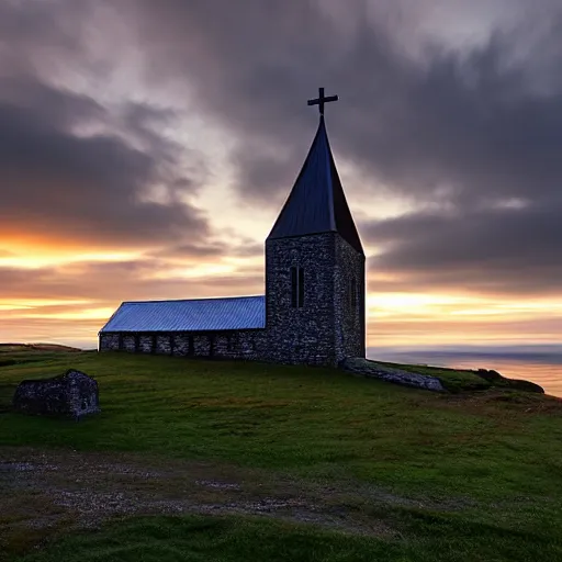 Prompt: avaldsnes church at dawn by Ernest deutsch