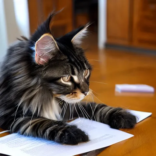 Prompt: my cgi maine coon cat typing up a list of grievances to email to the management about the lack of treats.