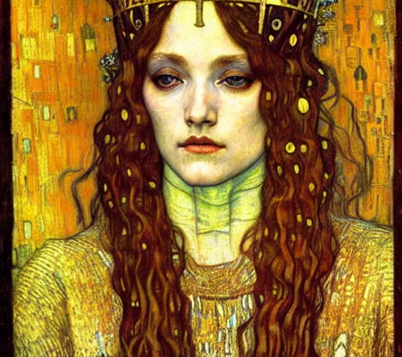 Image similar to detailed realistic beautiful young medieval queen face portrait by jean delville, gustav klimt and vincent van gogh, art nouveau, symbolist, visionary, gothic, pre - raphaelite, muted earthy colors, desaturated