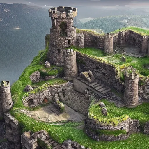 Prompt: Landscape of an ancient castle on top of a mountain, ultra-detail, unreal engine, forest, realistic, beautiful, super detailed, realistic, unreal engine render