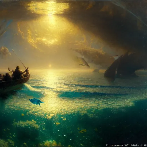 Image similar to point of view of deep in the ocean looking up, you see fishes, the milk way, night time, midnight, no sunlight. highly detailed painting by gaston bussiere, greg rutkowski 8 k