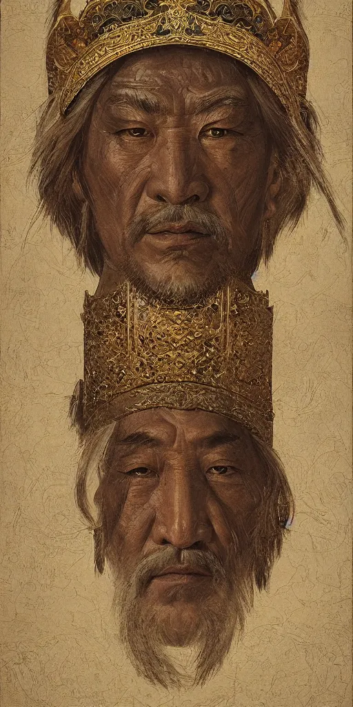 Prompt: a stunning and noble highly detailed romantic period style portrait of Genghis Khan\'s head by Josep Tapiró Baró, trending on artstation, oil painting masterpiece, symmetry, fractals, Mongolian iconography