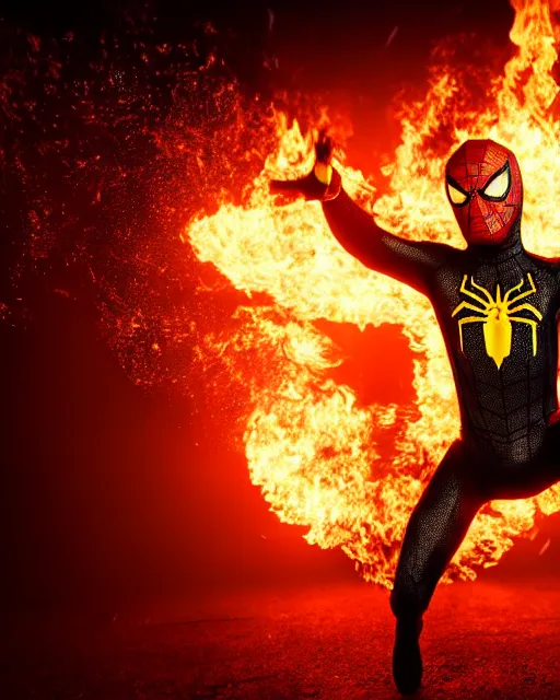 Image similar to photograph of a black and gold suit spider - man stood infront of a blazing inferno, dslr, cinematic, volumetric lighting, 8 k resolution, photorealistic