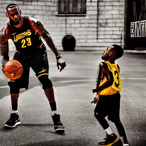 Prompt: lebron james playing basketball in the street with young boys, photorealistic, dynamic light, cinematic, ultra detailed