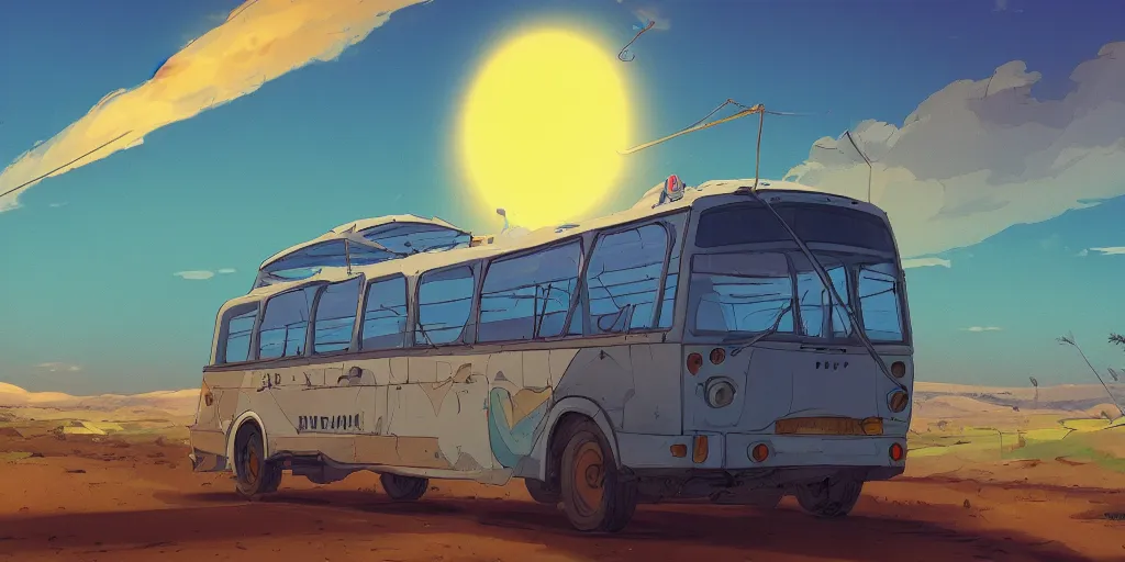 Image similar to an israeli egged bus driving in the negev, noon, sunlights, wide shot, digital art, ghibli style, vivid colors, flat colors, trending on artstation, high quality