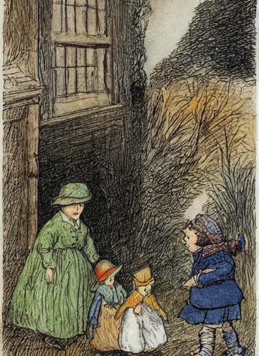 Image similar to night turning into day, illustrated by peggy fortnum and beatrix potter and sir john tenniel