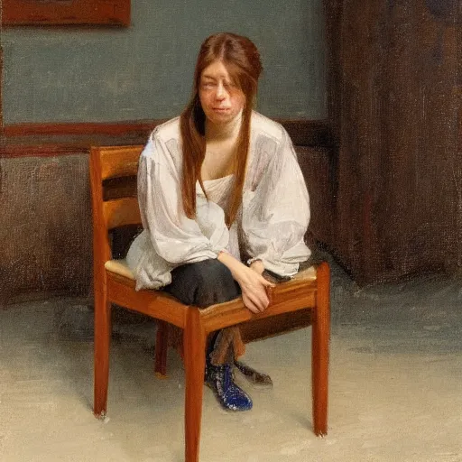 Image similar to woman with ponytail hairstyle, sitting in wooden chair, in the style of jeremy lipking