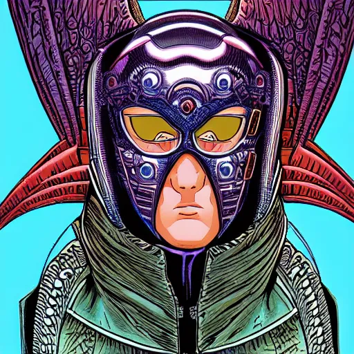 Image similar to close up portrait of the masked cyber archangel, intricate, highly detailed, masterful, in the style of moebius, akira toriyama, jean giraud