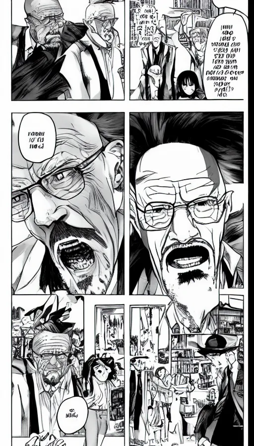 Prompt: manga page of Walter white screaming