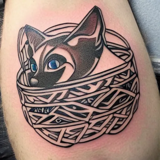 Prompt: a geometric style tattoo of a siamese cat laying in a bowl of ramen noodles