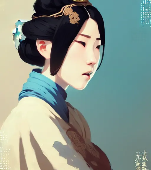 Image similar to portrait of a female immortal in amazing chinese dress 汉 服 by atey ghailan, by greg rutkowski, by greg tocchini, by james gilleard, by joe fenton, by kaethe butcher, dynamic lighting, gradient light blue, brown, blonde cream and white color scheme, grunge aesthetic